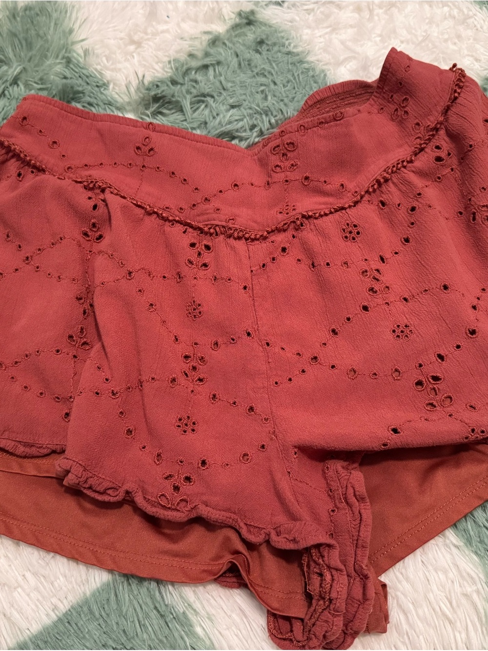 American Eagle Outfitters Coral Eyelet Scallop-Hem Shorts